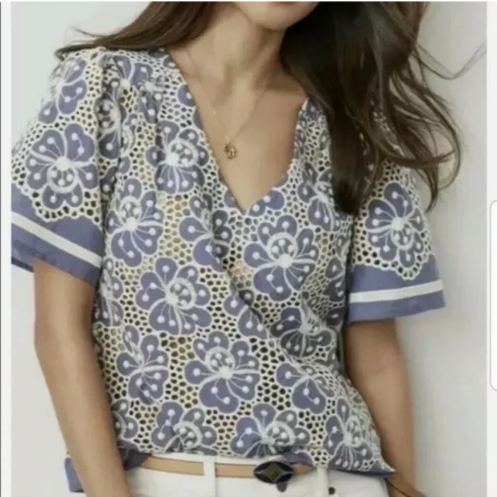 Cabi Inspire Top Blouse Women's Medium Floral Eyelet Style 5807 Blue White sz S